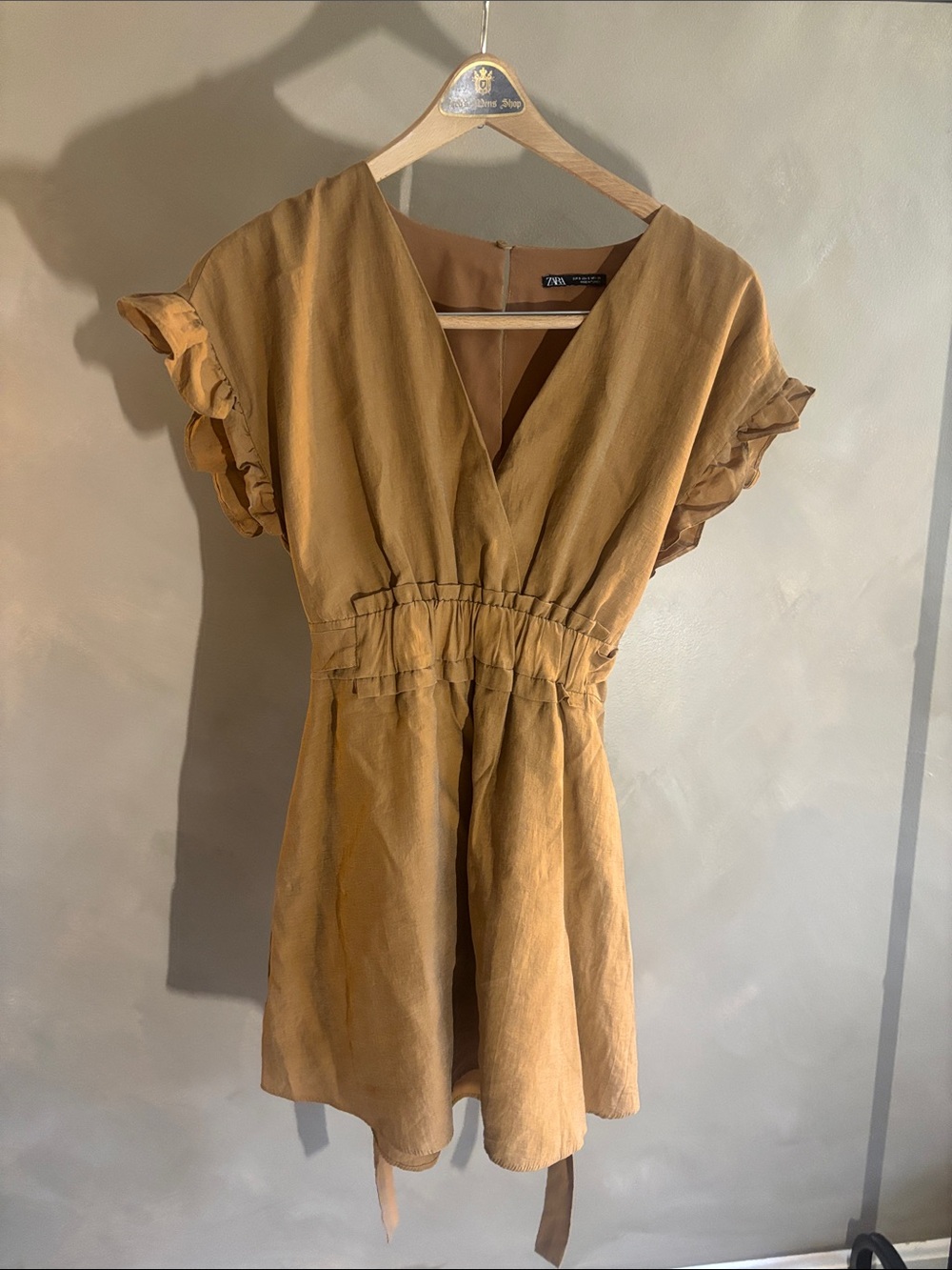 Zara Mustard V-Neck Ruffle Sleeve Mini Dress